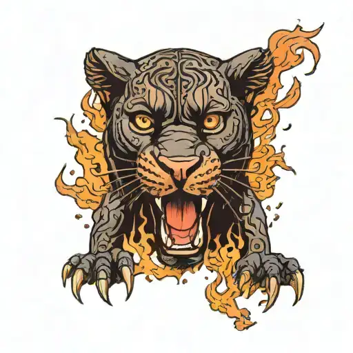 a fire from which a black panther crawls out s/b tattoo design idea
