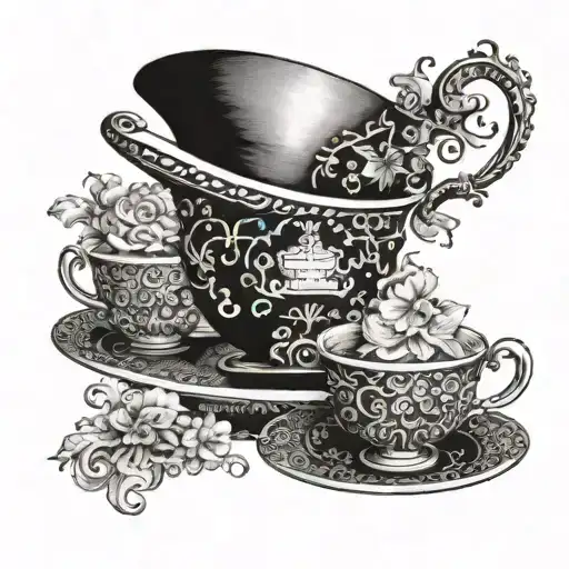 An enchanting blackwork tattoo of the Mad Hatter's tea party with intricate dotwork patterns on the teacups and saucers tattoo design idea