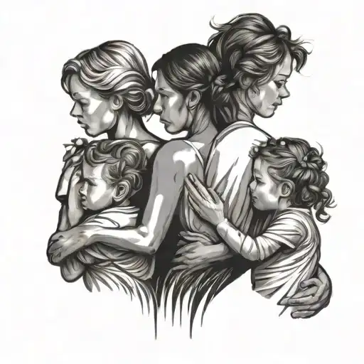 silhouette of mother with three daughters tattoo design idea