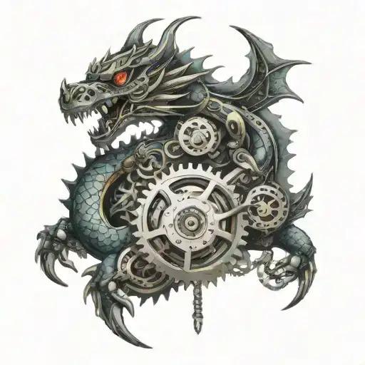 An intricate mechanical dragon intertwined with automotive gears and pistons tattoo design idea