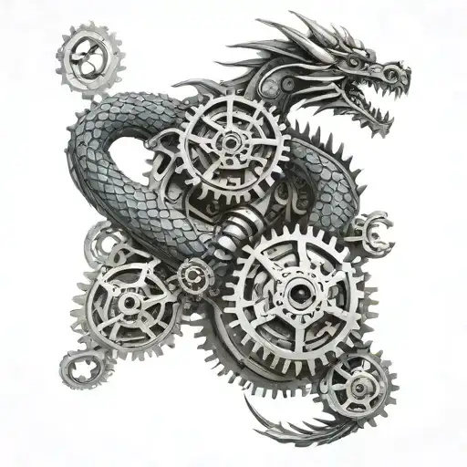 An intricate mechanical dragon intertwined with automotive gears and pistons tattoo design idea