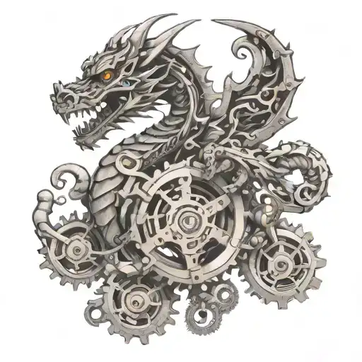An intricate mechanical dragon intertwined with automotive gears and pistons tattoo design idea