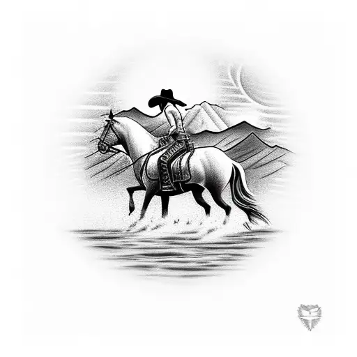 cowgirl riding into the sunset towards mountains in shape of a heartbeat tattoo design idea
