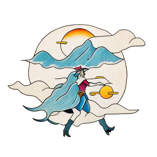 cowgirl riding into the sunset towards mountains in shape of a heartbeat tattoo design idea