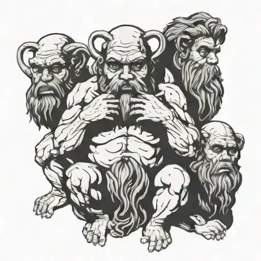 hear no evil, see no evil speak no evil poses instead of monkeys, they're statues of greek gods with big beards tattoo design idea