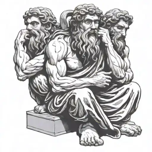 3 greek god statue heads stacke don top of each other posing as the hear no evil, see no evil speak no evil,  tattoo design idea
