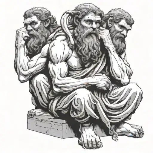 hear no evil, see no evil speak no evil poses instead of monkeys, they're statues of greek gods with big beards tattoo design idea