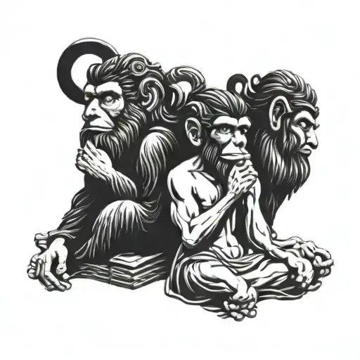 the three wise monkeys but instead of monkeys, they're statues of greek gods with big beards tattoo design idea