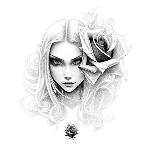 A girl holding a rose while surrounded by mystical World of Warcraft creatures tattoo design idea