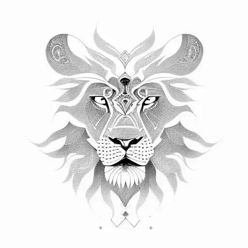 A fierce lion with intricate geometric patterns, symbolizing strength and precision in engineering and sports. tattoo design idea