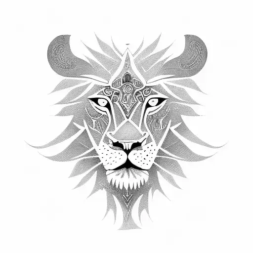 A fierce lion with intricate geometric patterns, symbolizing strength and precision in engineering and sports. tattoo design idea