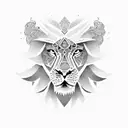 A fierce lion with intricate geometric patterns, symbolizing strength and precision in engineering and sports. tattoo design idea