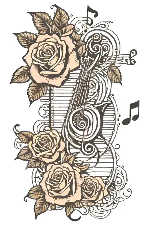 music notes, roses, web tattoo design idea