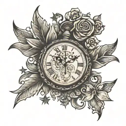 my children's date of birk on a pocket watch with 4 stars tattoo design idea