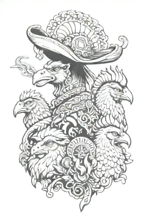 aries ram and ares god of war and a rooster wearing a sombrero tattoo design idea