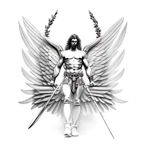 male warrior angel with spread wings tattoo design idea