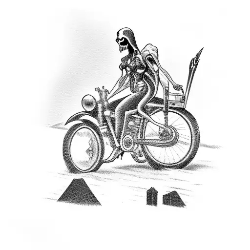 Grim Reaper and pin-up girl riding a motorcycle through a cemetery  tattoo design idea