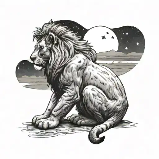 Simba from the "Lion King" sitting with his back turned and contemplating the night sky full of stars, watching Mufasa  tattoo design idea