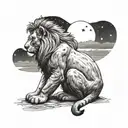Simba from the "Lion King" sitting with his back turned and contemplating the night sky full of stars, watching Mufasa  tattoo design idea