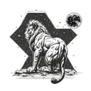 Simba from the "Lion King" sitting with his back turned and contemplating the night sky full of stars, watching Mufasa  tattoo design idea