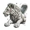 Simba from the "Lion King" sitting with his back turned and contemplating the night sky full of stars, watching Mufasa  tattoo design idea