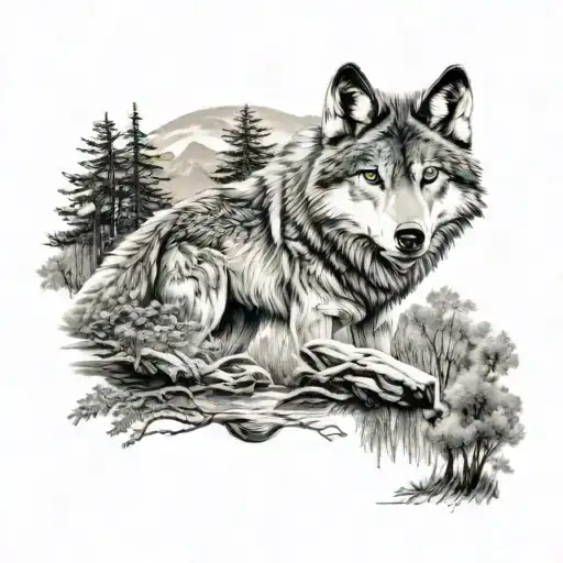 arm sleeve tattoo with a wolf, trees, hunting, ducks, lebanon tattoo design idea