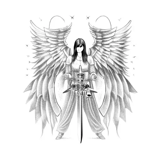 Angel with long wings wearing ancient armor holding a sword and a shield tattoo design idea