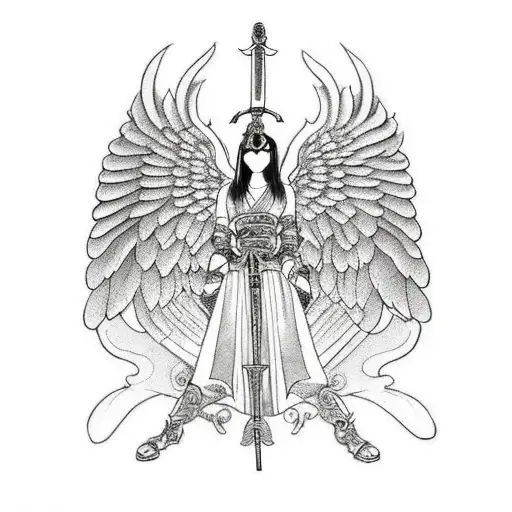 Angel with long wings wearing ancient armor holding a sword and a shield tattoo design idea