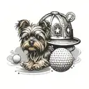 A yorkie chasing a golf ball with a firefighter helmet on tattoo design idea