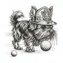 A yorkie chasing a golf ball with a firefighter helmet on tattoo design idea