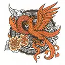 Phoenix and the dragon Haku circling around the symbol of the flower of life tattoo design idea
