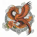 Phoenix and the dragon Haku circling around the symbol of the flower of life tattoo design idea
