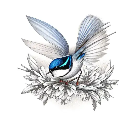 fairy Wren bird on a branch or flowers that flows over the shoulder and across the hreast tattoo design idea