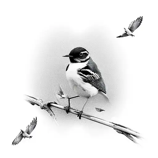 A beautiful and intricate tattoo of a willi wagtail bird perched on a pole, symbolizing the client's love for both nature and pole dance tattoo design idea