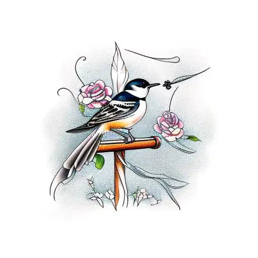 A beautiful and intricate tattoo of a willi wagtail bird perched on a pole, symbolizing the client's love for both nature and pole dance tattoo design idea
