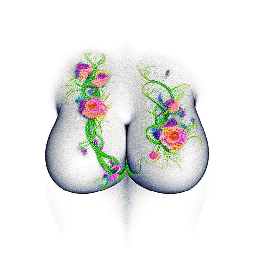 between woman's chest. flowing vine of flowers going from under right breast, through center chest and over left shoulde tattoo design idea
