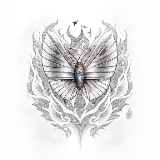 a cocoon changing to a butterfly and then a beautiful fiery phoenix  tattoo design idea