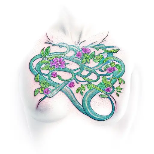 tattoo for a woman's chest. flowing vine of flowers going from under right breast, through center chest and over left sh tattoo design idea