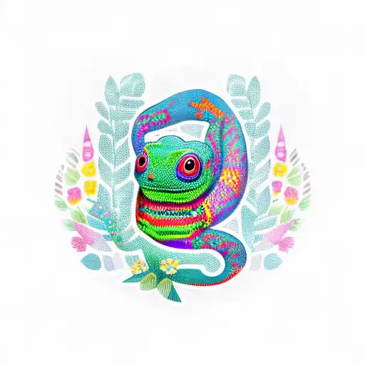 Colorful tribal salamander with B and J initials surrounded by tropical flowers tattoo design idea