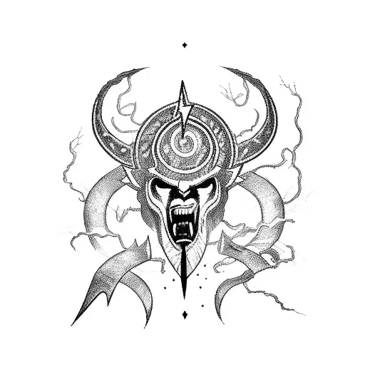 A blackwork tattoo of a fierce Norse god wielding a lightning bolt, surrounded by swirling storm clouds tattoo design idea