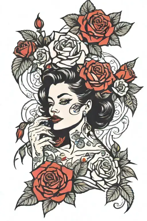sexy girl with red roses around her tattoo design idea