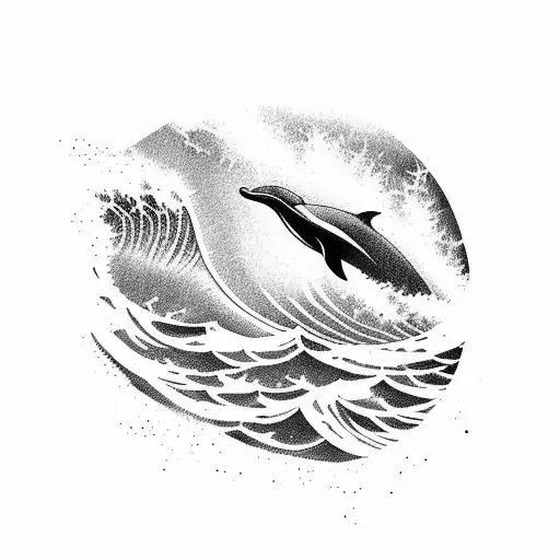 A majestic wave breaking on the shore with dolphins leaping out of the water tattoo design idea