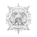 A blackwork design featuring an alchemical circle with anime characters wielding both firearms and white weapons tattoo design idea