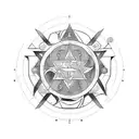 A blackwork design featuring an alchemical circle with anime characters wielding both firearms and white weapons tattoo design idea