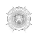 A blackwork design featuring an alchemical circle with anime characters wielding both firearms and white weapons tattoo design idea