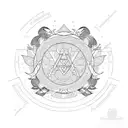 A blackwork design featuring an alchemical circle with anime characters wielding both firearms and white weapons tattoo design idea