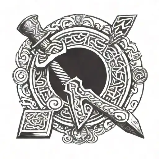Thor's hammer Mjölnir surrounded by a circle of protective runes and amulets tattoo design idea