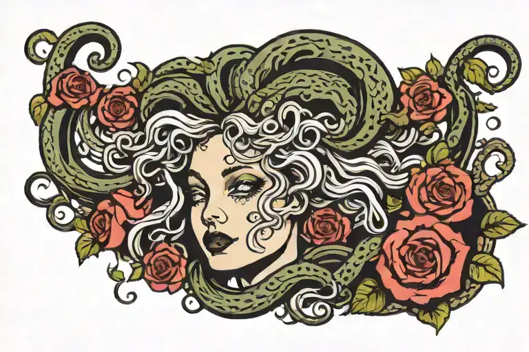 Medusa with snack hair with half crescent moon on for head with roses  tattoo design idea