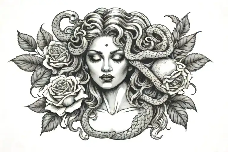 Medusa tattoo with snake hair and half crease moon on forehead with roses tattoo design idea