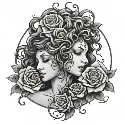 Medusa tattoo with snake hair and half crease moon on forehead with roses tattoo design idea